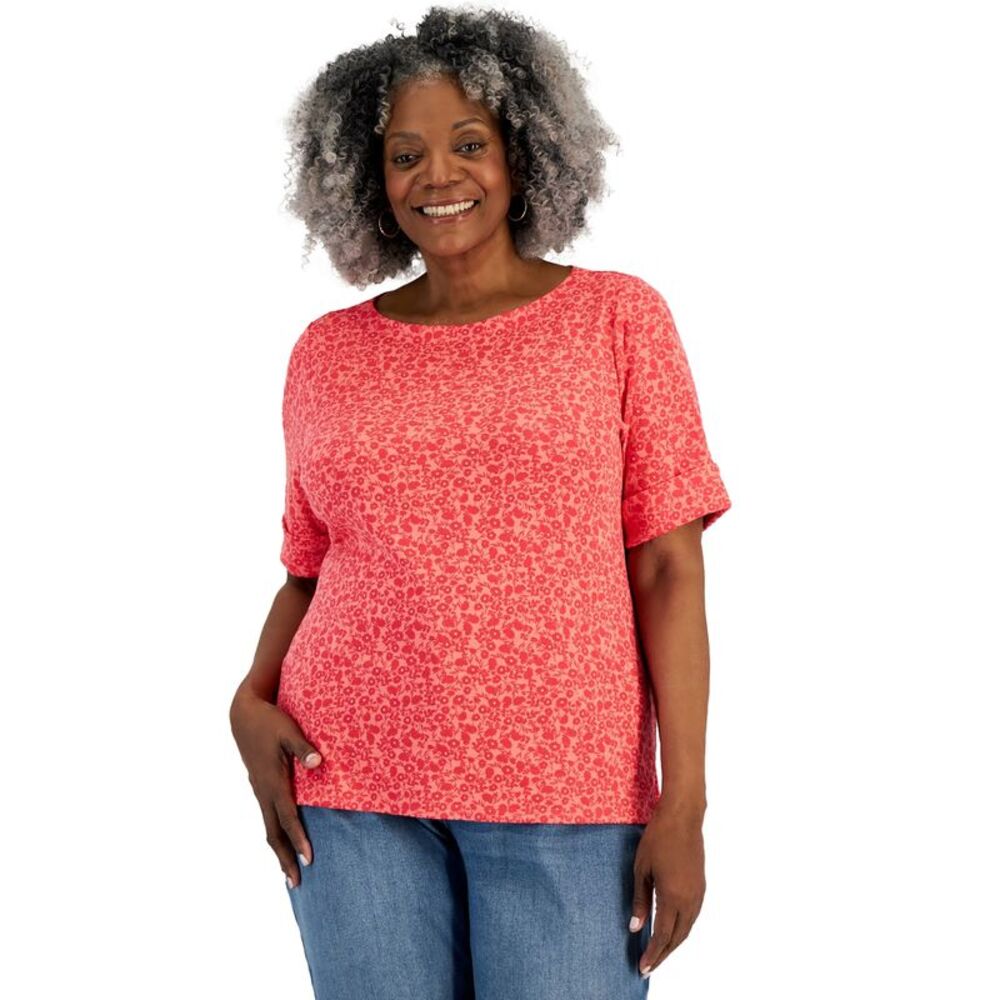Plus Size Printed Elbow-Sleeve Top